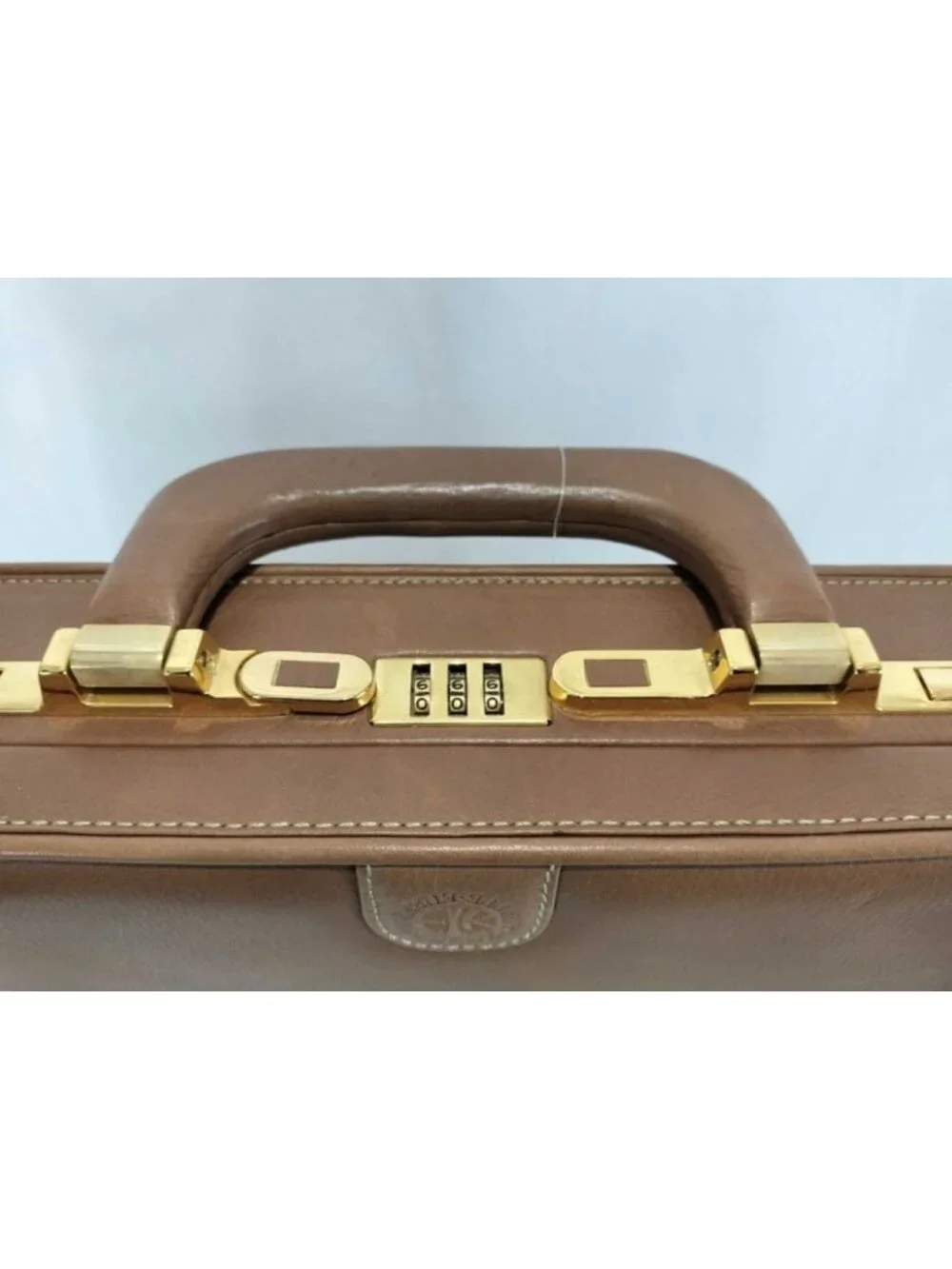 Loewe Attache Case Brown Leather Handbag Business Bag Gold